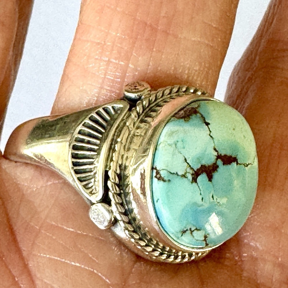 Navajo Blue Turquoise Ring Golden Hills Sz 13.5 Mens Signed Tsosoie Native Amer - Picture 2 of 12